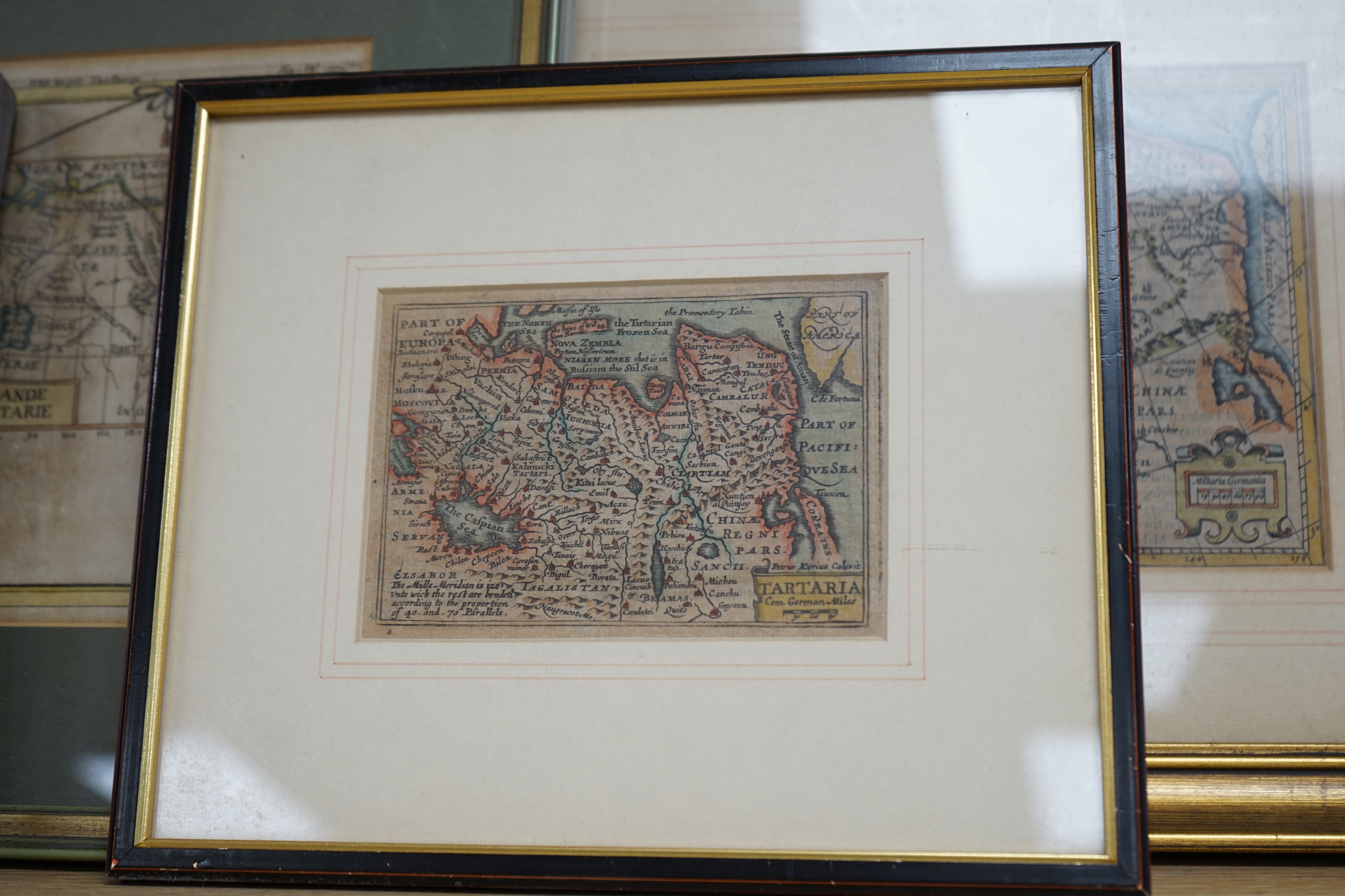 Four miniature 17th century and later hand coloured maps of Tartary including one by Alain Manesson Mallet (1630-1706), Grand Tartarie and one by Petrus Bertius (1565-1629), Tartaria, largest 14 x 18cm